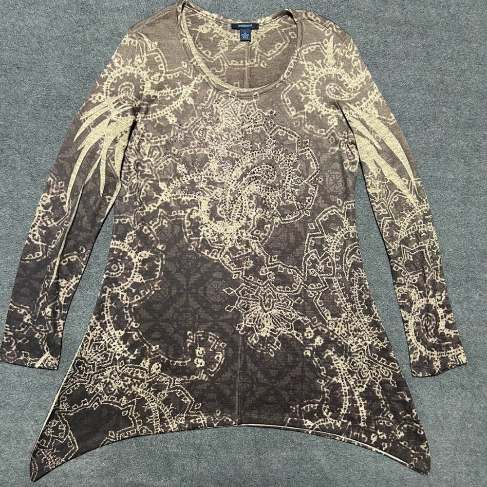 Jeweled Y2K Brown Patterned Long Sleeve Top